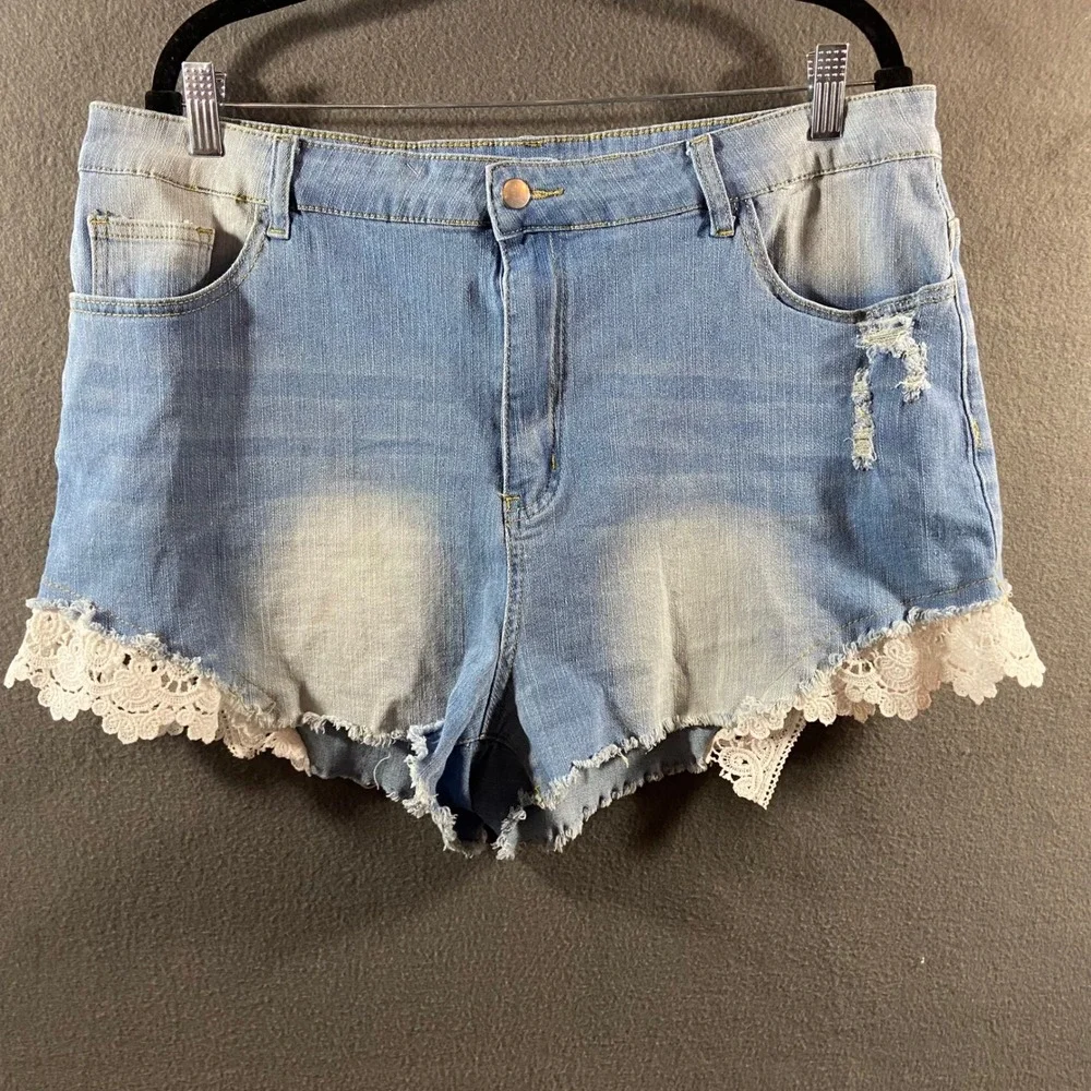 women Shorts 4x Denim Crochet Lace Distressed western festival coastal cowgirl